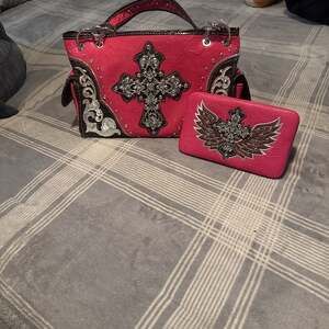Western Handbag Rhinestone Cross Angelic Wings Concealed Carry Purse and Wallet,